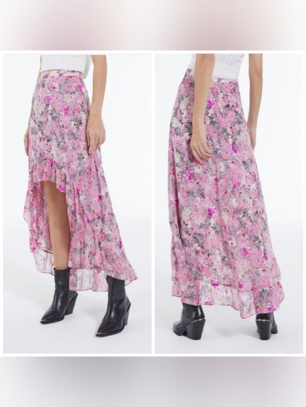 The Kooples Flowy High-Low Maxi Skirt Floral Print, Size 3, Paisley, Pink